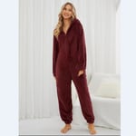 Dam Vinter Fluffy Fleece Hooded Allt i en Jumpsuit Wine 2XL