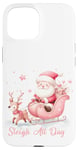 Coque pour iPhone 15 Père Noël rose clair traîneau neige renne neige hiver