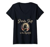 Womens Pirate Ship In The Moonlight On The Water Skull Crossbones V-Neck T-Shirt