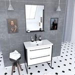 AURLANE Pack Meuble de Salle de Bain 80x50 cm - 2 tiroirs Blanc - Vasque Blanche + Miroir Noir Mat