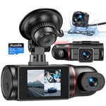 Kussla Dash Cam Front and Rear Inside 3 Channel Dashcam for Cars 1080P with 64GB Card Adjustable Lens 3 Ways Triple Camera with Night Vision, G-sensor, Loop Recording, Parking Monitor