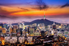 View of downtown cityscape and Seoul tower in Seoul South Korea