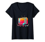 Womens Dripping Paint Vintage Television TV Retro 70s 80s V-Neck T-Shirt