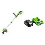 Greenworks 24V Cordless Strimmer for Small to Medium Gardens, 30cm Cutting Width, Autofeed 1.65mm Nylon Line G24LT30 + 24V 4Ah Lithium-Ion Battery and Charger G24B2 & G24UC