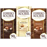 Ferrero Rocher Hazelnut Chocolate Bars, Chocolate Valentine's Day Gift Set, Assorted Dark, White and Original Fillings with Crunchy Whole Hazelnut, Pack of 3 (270g)