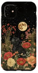 Coque pour iPhone 11 Carlin noir Lune Fleurs Cottagecore Chien Maman