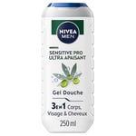 NIVEA MEN Gel douche Sensitive Pro Ultra Apaisant (1 x 250 ml)- Soin lavant enrichi en Huile de Chanvre & Vitamine E - Gel douche homme 3 EN 1 corps visage et cheveux pour peaux sensibles