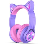 Kids Bluetooth Headphones, iClever BTH19 Cat Ear Kids Headphones LED Lights Up, 74/85/94dBA Volume Limited, 45H Playtime, Wireless Headphones Over Ear with Microphone for iPad/Tablets/iPhone/Laptop/PC