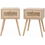 Sweeek - Lot de 2 tables de chevet effet bois & cannage avec 1 tiroir - Bohème