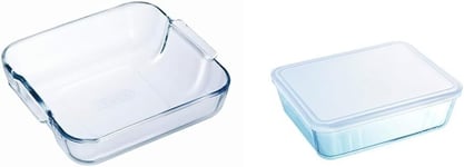 Pyrex Glass Square Roaster, 25 x 21cm & Rectangular Dish with Plastic Lid, 0.8L