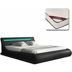 Lit Coffre avec Matelas Texas Lit Adulte Couleur Noir avec led Matériaux bois et simili cuir Coffre de rangement Modèle Parisina 140x190cm