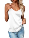 Zeagoo Top Satin pour Femme Top Femme Debardeur DéBardeurs Blouses Chic Et éLéGant Haut Femme Tops Haut Spaghetti Col V Soie Cami sans Manches T-Shirt D'éTé Bretelles RéGlables Basique Blanc. M