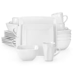 vancasso Soho Dinner Sets, Square Plates and Bowls Set for 6, 24-Piece Stoneware Crockery Set with 10in Dinner Plates, 8in Dessert Plate, 810ml Cereal Bowls and 340ml Mug, White