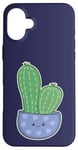 Coque pour iPhone 16 Plus Cactus Kawaii en pot pour les amateurs de plantes succulentes bleu nuit