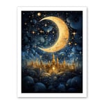 Artery8 Golden City in the Clouds Surreal Artwork Blue Gold Crescent Moon Starry Night Fairytale Artwork Framed Wall Art Print 18X24 Inch