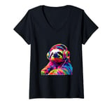 Womens Funny sloth with headphones pop art colorful Graphic V-Neck T-Shirt