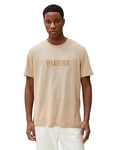 Koton Men's Slogan Embroidered T-Shirt Tissued Crew Neck Short Sleeve, Beige Stripe (0s6), XL