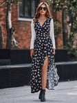 White Dot Floral Print Mix Wrap Dress In Black