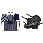 Amazon Basics 8-Piece Non-Stick Cookware Set with Penguin Home Apron, Double Oven Glove and 2 Kitchen Tea Towels Set - NAVY/White