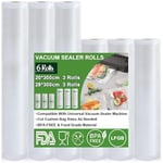 Omtofo Lot de 6 rouleaux de sacs sous vide, 20 x 300 cm (3 rouleaux) et 28 x 300 cm (3 rouleaux), sans BPA, indéchirable, pour toutes les machines sous vide, micro-ondes et sous vide