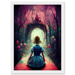 Alice In Wonderland Through Looking Glass Enchanted Pink Forest Artwork Framed Wall Art Print A4