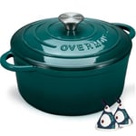 Overmont Cocotte en fonte émaillée – Casserole de 7 l avec couvercle et maniques en coton – Batterie de cuisine robuste pour braiser, ragoûts, rôtir, pain – Vert