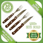 4PC STEAK KNIVES AND FORKS WOODEN HANDLE SHARP SERRATED BLADE CUTLERY KNIFE SET