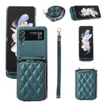 ELISORLI Wallet Case for Samsung Galaxy Z Flip 3 5G 2021 with Wrist Strap Shoulder Strap Mutiple Card Slots Zipper Purse, Luxury PU Leather Stand Cell Phone Cover for ZFlip3 Z3 Flip3 3Z Women Green