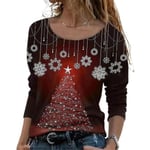 Hhcx-women Christmas Tree Print Long Sleeve T-shirt Xmas Crew Neck Blouse Tops Red L