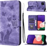 Housse Protection Pour Samsung Galaxy A22 5g / Samsung Galaxy A22s Matériau En Cuir Pu Coque Samsung A22 5g Avec Fentes Pour Cartes Étui Motif Papillon Chat Violet