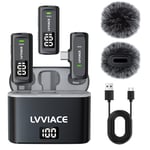 LVVIACE Wireless Lavalier Microphone for Phones with USB Type C ports, 40 Hours of Battery life with Transmitter Digital Display Charging Case, 82ft Mini Mic with Noise Cancellation (USB Type C)