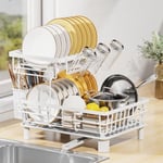 LIONONLY 2 Tier Dish Drainer Rack with Drip Tray, Detachable Dish drying Rack with Swivel Drainage Spout, Utensil & Cup Holder,Dish Rack for Kitchen Counter