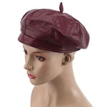 ZYM Bérets en cuir PU pour femme - Casquette noire - Rouge - Jaune - Automne Hiver - Artiste - Rouge vin