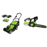 Greenworks Tondeuse à gazon à batterie24 V Largeur de coupe 41 cm Jusqu'à 220 m² Bac de ramassage de 50 litres avec 2 batteries 2 Ah et chargeur + Tronçonneuse sans balais de 30 cm