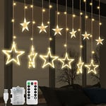 Jsdoin Christmas LED Stars Curtain Lights,12 Stars 138 Window Curtain String Lights with 8 Flashing Modes Decoration for Wedding, Party,Wall, Home Decorations,USB/Battery Powered (A - Warm White)