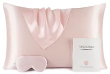 Vespersilk 100% Pure Mulberry Silk Pillowcase for Hair and Skin, with Eye Mask for Sleeping. Genuine Grade 6A Silk Both Sides, 600 Thread Count, with Hidden Zipper (Standard 50x75cm, Pink)