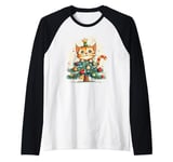 Funny Festive Cat with Christmas Tree and Decoration Raglan Baseball Tee