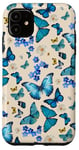 Coque pour iPhone 11 Papillons bleus sur beige crémeux avec des accents floraux