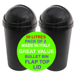 2x Plastic Waste Bins Bullet Bin Flap Top Lids Kitchen Rubbish Dustbin Paper 50L