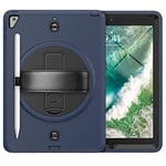 Étui de 9,7" pour iPad 6e/5e génération/iPad Air 2/iPad Pro 9,7", résistant aux Chocs avec Support Rotatif, dragonne, Porte-Stylo, Noir + Bleu Marine