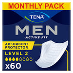 TENA Men Absorbent Protector Incontinence Pads, Level 2, 60 Incontinence Pads (10 x 6 packs) for Men of All Ages, Cup-Shaped for Medium Bladder Weakness, Urine Leakage and Drips