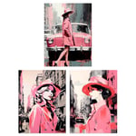 Artery8 Set of 3 Pink Downtown Women Watercolour Artworks City Cars and Winter Retro Fashion Unframed Wall Art Living Room Poster Prints Pack