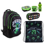 Minecraft Creeper Set Sac à Dos 44x32x20cm Trousse, Sac Sport École Garçons