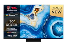 TCL 50QM8B 50-inch QLED Mini LED TV, 4K HDR Premium 1300nits, Smart TV Powered by Google TV (Dolby Vision & Atmos, Onkyo 2.0 sound system​, 144Hz Motion Clarity Pro, Hands-Free Voice Control) Black