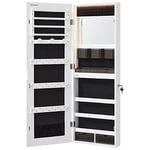 SONGMICS Armoire à Bijoux Murale, Organisateur avec Lumières LED, Placard de Rangement, avec Miroir sans Cadre, Miroir de Maquillage Intégré, 2 Tiroirs, Verrouillable, Blanc JJC013W01