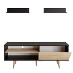 DECOROTIKA - Pi TV Stand TV Cabinet TV Unit for TVs up to 60" - Two Open Shelves and Dropdown Cabinet and Wall Shelves Included (Black and Oak Pattern)