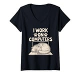 Womens I Work On Computers Persian Longhair Cat V-Neck T-Shirt