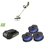 Greenworks Cordless Lawn Trimmer Deluxe Model G24LT30M with 3 Single Thread Spools (Li-Ion 24V 30 cm Cutting Width 3500 rpm Rotating and Tilting Cutting Head with 4 Ah Battery and Double Charger)