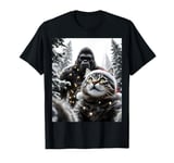 Funny Cat in Santa Hat Taking Selfie with Bigfoot Xmas Kids T-Shirt