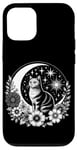 iPhone 13 Pro White Gray Cat Sitting on Crescent Moon with Stars Flowers Case